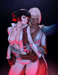 2girls bad_id bad_tumblr_id belt black_background black_hair blue_eyes blunt_bangs bob_cut breasts capcom center_opening cleavage closed_mouth collarbone couple cowboy_shot dark-skinned_female dark_background dark_skin devil_may_cry devil_may_cry_(series) devil_may_cry_4 female_focus gloria_(devil_may_cry) grey_lips hand_on_another&#039;s_hip hand_on_another&#039;s_leg hand_on_another&#039;s_thigh hand_on_leg hand_under_clothes hug hug_from_behind interracial jacket jewelry lady_(devil_may_cry) lips lipstick looking_at_viewer makeup multiple_girls neck necklace no_bra open_clothes optionaltypo parted_lips shell_casing short_hair smile standing underlighting unzipped utility_belt white_hair white_jacket yuri zipper rating:Sensitive score:136 user:danbooru
