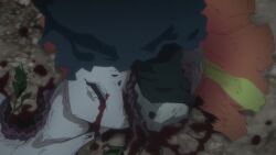 1boy animated anime_screenshot blood breasts dismemberment gabimaru jigokuraku large_breasts ninja punching screencap shirtless short_hair sound tagme video zhu_jin_(jigokuraku)