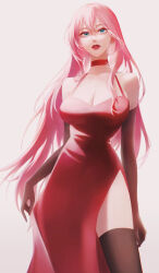  1girl absurdres aged_up bare_shoulders black_gloves black_thighhighs blue_eyes breasts choker cleavage cocktail_dress cowboy_shot dress elbow_gloves eyelashes gloves hair_between_eyes halter_dress halterneck highres large_breasts lipstick long_dress long_hair looking_at_viewer makeup megurine_luka parted_lips pink_hair red_choker red_dress red_lips sapphirez39 side_slit simple_background solo standing thighhighs vocaloid white_background 