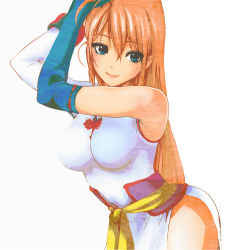  1girl aged_up arms_up bare_shoulders blue_eyes breasts brown_hair gintama gloves highres kagura_(gintama) long_hair sagatsune simple_background smile solo thighs white_background 