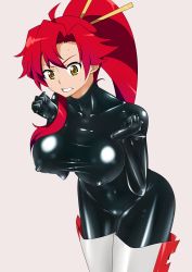  1girl absurdres bodysuit boots breasts clenched_teeth covered_erect_nipples cowboy_shot highres large_breasts latex latex_suit long_hair ponytail red_hair ryuney shiny_clothes skin_tight solo sweat teeth tengen_toppa_gurren_lagann thigh_boots thighhighs yellow_eyes yoko_littner 