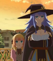  2girls annoyed blue_hair breast_hold breasts cape charlotte_wraith cleavage crossed_arms green_eyes hair_ribbon hat height_difference highres large_breasts licia_pleide looking_at_viewer medium_hair multiple_girls open_mouth orange_hair ribbon skirt smile stitched sunset tensei_kizoku_kantei_skill_de_nariagaru third-party_edit witch witch_hat 
