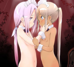 2girls after_kiss blue_eyes blush brown_hair dark-skinned_female dark_skin detached_collar earrings flat_chest hands_on_another&#039;s_face jewelry loli long_hair maid_headdress multiple_girls navel nipples nude original out-of-frame_censoring pink_eyes pink_hair ponytail ribbon saliva saliva_trail wancho wrist_cuffs yuri rating:Questionable score:179 user:danbooru