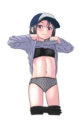  1girl baseball_cap black_bra black_hair black_pants black_sports_bra blush bra clothes_lift clothes_pull cowboy_shot embarrassed female_focus grey_panties hat lifted_by_self loli long_sleeves looking_at_viewer midriff navel original panties pants pants_pull polka_dot polka_dot_panties print_panties print_underwear red_eyes shirt shirt_lift simple_background solo source_request sports_bra sweat tomboy underwear unmaker wavy_mouth white_background  rating:Questionable score:84 user:Dweenie