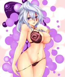  1girl bikini bikini_pull breasts character_request clothes_pull cosmic_break curvy eating female_focus female_pubic_hair food ice_cream kerumunto large_breasts long_hair looking_at_viewer navel nipples perky_breasts pubic_hair purple_eyes pussy pussy_peek red_bikini sexually_suggestive silver_hair small_nipples solo standing swimsuit tattoo uncensored undressing wide_hips 