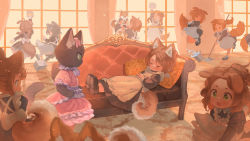  &gt;_&lt; 6+girls animal animal_ears apron black_dress black_footwear blush bow brown_hair bucket carrying cat_ears cat_girl cat_tail cleaning cleaning_windows closed_eyes couch curtains dog dog_ears dog_girl dog_tail dress female_focus frilled_dress frills furry furry_female garun_wattanawessako green_eyes grey_hair hair_bun hat highres holding holding_animal indoors jumping light_particles lolita_fashion lying maid maid_apron mini_hat mop multiple_girls on_back open_mouth original parted_hair pink_bow reaching running shadow shiba_inu shoes sleeping tail walking water window 