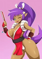  1girl absurdres armor blue_eyes breasts cleavage folded_fan cosplay dark-skinned_female dark_skin fang female_focus folding_fan hand_fan high_ponytail highres japanese_armor kote long_hair looking_at_viewer one_eye_closed open_mouth pointy_ears ponytail purple_hair revealing_clothes shantae shantae_(series) shiranui_mai shiranui_mai_(cosplay) solo thick_thighs thighs wink zzvinniezz  rating:Questionable score:36 user:ZzVinniezZ