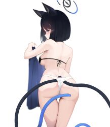  absurdres animal_ears argusrho_01 ass backboob bikini black_bikini black_eyes black_hair black_halo blue_archive blue_halo blush bob_cut breasts cat_ears cat_tail closed_mouth from_behind gradient_halo halo highres kikyou_(blue_archive) mismatched_bikini multicolored_halo multiple_tails short_hair simple_background solo standing swimsuit tail two-tone_halo two_tails white_background white_bikini 