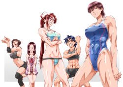  5girls abs bare_legs bare_shoulders bouzu_oyaji breasts breasts_out brown_eyes brown_hair cameltoe character_request cleft_of_venus competition_swimsuit covered_erect_nipples covered_navel curvy embarrassed expressionless glasses grin gym_uniform hand_on_own_hip highleg highleg_swimsuit large_breasts lingerie long_hair looking_at_another looking_at_viewer multiple_girls muscular muscular_female one-piece_swimsuit pants parted_lips partially_visible_vulva ponytail shiho_(watashi_ga_toriko_ni_natte_yaru) short_hair smile sportswear standing swimsuit tan tanline underwear watashi_ga_toriko_ni_natte_yaru water wet white_background wide_hips window yoga_pants 