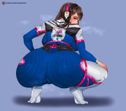 1girl absurdres artist_name ass backboob blue_bodysuit blush bodysuit breasts brown_eyes brown_hair cameltoe cleft_of_venus d.va_(overwatch) from_behind heavy_breathing highres huge_ass large_breasts long_hair mili_leona_orochi overwatch overwatch_1 skin_tight smile solo squatting steam rating:Questionable score:113 user:JustHere4Butts