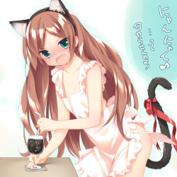  1girl angry animal_ears apron areola_slip blush brown_hair cat_ears cat_tail cup drinking_glass drinking_straw fake_animal_ears fang flat_chest green_eyes kani_biimu long_hair looking_at_viewer minazuki_sarami naked_apron open_mouth original ribbon solo tail tail_ornament tail_ribbon translated  rating:Questionable score:37 user:danbooru