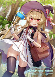 1girl bag bandaid bandaid_on_knee bandaid_on_leg bandaid_on_pussy black_cape black_dress black_headwear black_thighhighs blonde_hair blush breasts cape copyright_name dress female_focus forest gloves gluteal_fold hairband hat hat_ribbon highres little_witch_nobeta loli long_hair maebari nature no_panties nobeta official_art oopartz_yang open_mouth outdoors red_eyes ribbon short_dress sleeveless sleeveless_dress small_breasts solo striped_clothes striped_dress thighhighs thighs tree two-tone_dress vertical-striped_clothes vertical-striped_dress wand white_dress white_gloves wind wind_lift witch_hat rating:Questionable score:96 user:danbooru