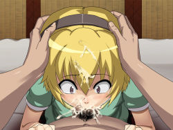 1boy 1girl blonde_hair blush censored clothed_female_nude_male constricted_pupils crying crying_with_eyes_open cum cum_in_mouth cum_on_hair deepthroat ejaculation eyebrows facial fellatio forced hair_between_eyes hairband hand_on_another&#039;s_head hetero higurashi_no_naku_koro_ni houjou_satoko loli male_pubic_hair no_naku_koro_ni_(series) nude nyamota oral pov pubic_hair purple_eyes shirt short_hair short_sleeves solo_focus tears rating:Explicit score:145 user:oscar:wao