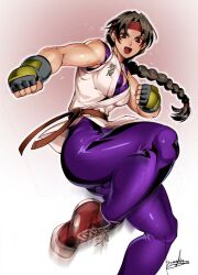  1girl abs alternate_muscle_size ass bare_shoulders biceps black_hair bowalia braid braided_ponytail breasts brown_eyes brown_hair cleavage converse dougi fighting_stance fingerless_gloves gloves headband karate_gi long_hair looking_at_viewer martial_arts_belt muscular muscular_female obliques open_mouth red_headband ryuuko_no_ken shoes signature simple_background single_braid smile sneakers snk solo spandex the_king_of_fighters thick_thighs thighhighs thighs toned yuri_sakazaki 