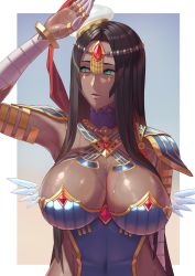  1girl arm_up arm_wrap armlet armor artist_request bandaged_arm bandages black_hair blue_armor border bracelet breastplate breasts bridal_gauntlets circlet cleavage dark-skinned_female dark_skin detached_collar facial_mark fate/grand_order fate_(series) feathers female_focus forehead forehead_jewel gradient_background green_eyes hat highres jewelry large_breasts long_hair open_mouth parted_bangs parted_lips pauldrons ring scheherazade_(fate) shoulder_armor solo sweat takehisa_tomoe third-party_edit thumb_ring white_border  rating:Questionable score:25 user:7897955