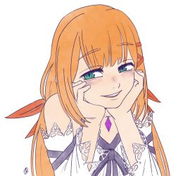  blush green_eyes hands_on_own_face highres innotsu kingdom_hearts kingdom_hearts_unchained_x orange_hair smile strelitzia_(kingdom_hearts) twintails  rating:General score:2 user:SpeedsBy