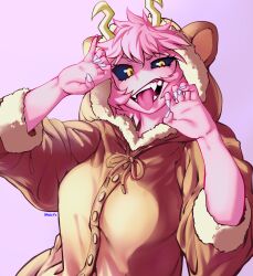  1girl absurdres artist_name ashido_mina black_sclera boku_no_hero_academia breasts claw_pose colored_sclera colored_skin fangs fingernails hhholic highres looking_at_viewer medium_breasts onesie orange_eyes pink_hair pink_skin purple_background sharp_fingernails short_hair smile solo tongue tongue_out upper_body white_nails 