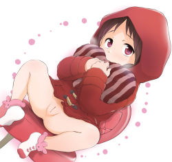 1girl bottomless brown_hair cleft_of_venus dutch_angle heart hood hoodie hugging_object little_red_riding_hood loli naked_hoodie original pillow pillow_hug pussy red_eyes socks solo spread_legs stool uncensored wancho rating:Explicit score:132 user:danbooru
