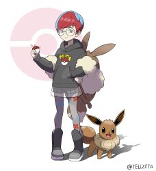  1girl backpack bag blue_hair boots brown_bag closed_mouth commentary_request creatures_(company) eevee game_freak gen_1_pokemon glasses hand_in_pocket highres holding holding_poke_ball hood hood_down hoodie long_sleeves multicolored_hair nintendo pantyhose penny_(pokemon) poke_ball poke_ball_(basic) poke_ball_symbol pokemon pokemon_(creature) pokemon_sv red_hair round_eyewear see-through see-through_skirt shorts shorts_under_skirt skirt smile standing tellzeta two-tone_hair 