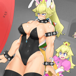  +_+ 1boy 2girls absurdres animal_ears armlet asha black_collar black_leotard blonde_hair blue_eyes bowser_jr. bowsette bracelet breasts brick_wall cleavage closed_mouth collar commentary_request covered_navel cowboy_shot crown dress drooling dutch_angle earrings elbow_gloves fake_animal_ears gloves highres indoors jewelry large_breasts leotard lizard_tail long_hair mario_(series) medium_bangs mouth_drool multiple_girls muscular muscular_female new_super_mario_bros._u_deluxe nintendo open_mouth pink_dress playboy_bunny pointy_ears princess_peach puffy_short_sleeves puffy_sleeves rabbit_ears short_sleeves smile sphere_earrings spiked spiked_armlet spiked_bracelet spiked_collar spiked_shell spiked_tail spikes strapless strapless_leotard super_crown tail thick_eyebrows turtle_shell tusks white_gloves 