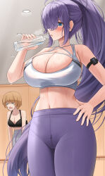  2girls ahoge black_sports_bra blue_eyes blush bottle breasts brown_hair character_request cleavage closed_mouth collarbone commentary english_commentary gnome_(last_origin) grey_pants hair_over_one_eye hand_on_own_hip highres indoors large_breasts last_origin lazb. leggings long_hair multiple_girls navel open_mouth pants ponytail purple_eyes purple_pants short_hair sidelocks sports_bra sweat very_long_hair water_bottle white_sports_bra 