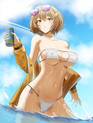 1girl absurdres ahoge anis_(nikke) anis_(sparkling_summer)_(nikke) anoreika_tomoe bare_shoulders bikini blue_sky breasts brown_eyes brown_hair cameltoe can cloud covered_erect_nipples eyepatch_bikini eyewear_on_head goddess_of_victory:_nikke highres holding holding_can jacket large_breasts navel off_shoulder official_alternate_costume outdoors parted_lips pink-tinted_eyewear see-through short_hair sky solo stomach sunglasses swimsuit tinted_eyewear water wet white_bikini yellow_jacket rating:Questionable score:23 user:danbooru