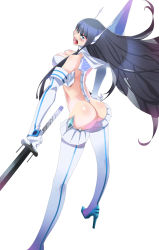 10s 1girl absurdres armor ass bakuzan bare_shoulders black_hair blue_eyes blush boots breasts ceda_(dace) cleavage from_behind hand_on_own_hip high_heel_boots high_heels highres junketsu katana kill_la_kill kiryuuin_satsuki large_breasts long_hair looking_back revealing_clothes shouting spikes sword thigh_boots thighhighs thong weapon rating:Questionable score:47 user:danbooru