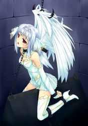 1girl albino angel bdsm bondage bound chain chain_leash collar cuts f-ism high_heels injury leash murakami_suigun original pee peeing red_eyes shoes slave solo thighhighs torn_clothes torture whip_marks white_hair wings wooden_horse rating:Questionable score:66 user:danbooru