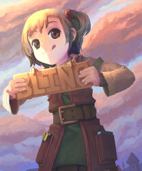  1girl belt brown_eyes brown_hair cloud commentary day english_commentary hair_bobbles hair_ornament highres holding long_sleeves looking_at_viewer outdoors photoshop_(medium) pocket recette_lemongrass recettear short_hair solo tongue tongue_out wafferscotch 