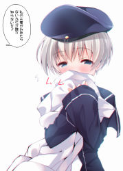 10s 1girl bad_id bad_pixiv_id blonde_hair blue_eyes blush smelling_clothes clothes_writing flying_sweatdrops hat kantai_collection noto_kurumi personification sailor_collar short_hair smelling solo translation_request white_background z1_leberecht_maass_(kancolle) rating:Sensitive score:6 user:danbooru