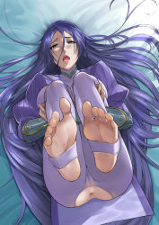 1girl anus arm_guards ass blue_eyes blue_hair blush bodysuit breast_press breasts cameltoe fate/grand_order fate_(series) feet from_above full_body hair_between_eyes hair_spread_out knees_to_chest large_breasts legs_up long_hair long_sleeves looking_at_viewer lying minamoto_no_raikou_(fate) nail_polish on_back open_mouth pink_nails puffy_long_sleeves puffy_sleeves purple_bodysuit ribbed_sleeves soles solo stirrup_legwear toeless_legwear toenail_polish toenails toes torn_bodysuit torn_clothes very_long_hair yonoki rating:Explicit score:259 user:danbooru