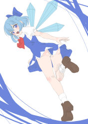  0002koko 1girl :d absurdres arm_at_side ass blue_bow blue_dress blue_eyes blue_hair blush bow brown_footwear cirno commentary dress dutch_angle floating_clothes from_behind from_below full_body hair_between_eyes hair_bow happy highres ice ice_wings looking_at_viewer looking_back open_mouth panties puffy_short_sleeves puffy_sleeves red_bow shirt short_dress short_hair short_sleeves simple_background smile socks solo standing standing_on_one_leg teeth touhou underwear upper_teeth_only white_background white_panties white_shirt white_socks wings 