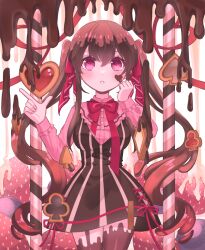  1girl bow brown_hair chocolate chocolate_on_face cookie dress food food-themed_clothes food_on_face hair_ribbon index_finger_raised long_hair long_sleeves looking_at_viewer nashinome_(y5wlht) open_mouth original pink_eyes ribbon solo thighhighs twintails very_long_hair 