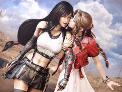  2girls 3d abs aerith_gainsborough bare_arms bare_shoulders belt black_hair black_skirt bow bracelet braid breasts brown_hair buckle closed_eyes closed_mouth cloud cloudy_sky day dress elbow_gloves elbow_pads female_focus final_fantasy final_fantasy_vii final_fantasy_vii_remake fingerless_gloves floating_hair gloves hand_on_another&#039;s_arm happy highres jacket jewelry kiss laughing long_hair low-tied_long_hair midriff multiple_girls navel necklace open_mouth outdoors parted_bangs pink_bow pink_dress pink_ribbon ria-neearts ribbon skirt sky square_enix stomach suspender_skirt suspenders tank_top teeth thighhighs thighs tifa_lockhart twitter_username walking weapon white_tank_top yuri  rating:General score:57 user:InklingBoy