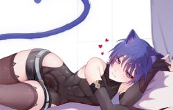  1boy animal_ears black_shirt black_shorts black_sleeves brown_thighhighs cat_ears cat_tail chobonu closed_mouth clothing_cutout genshin_impact hair_between_eyes highres looking_at_viewer male_focus purple_eyes purple_hair purple_tail scaramouche_(genshin_impact) shirt short_hair shorts smile solo tail thighhighs trap  rating:Sensitive score:6 user:danbooru