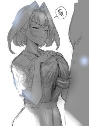  1girl annoyed backlighting blush bow bow_earrings breasts closed_eyes commentary earrings highres hololive hololive_english jewelry large_breasts monochrome ouro_kronii paizuri paizuri_under_clothes partially_unbuttoned perpendicular_paizuri redi_(rasec_asdjh) short_hair sketch spoken_squiggle squiggle sweat swept_bangs symbol-only_commentary virtual_youtuber  rating:Explicit score:135 user:danbooru