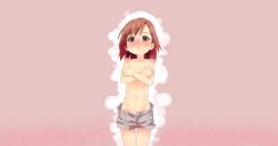 1girl absurdres blush brown_eyes brown_hair collarbone covering_privates covering_breasts embarrassed flat_chest highres last_order_(toaru_majutsu_no_index) loli navel pink_background shorts solo toaru_majutsu_no_index topless wallpaper rating:Questionable score:30 user:Fortune