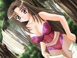  1girl blush breasts brown_eyes brown_hair bush bustier character_request cleavage collarbone forest kanekiyo_miwa large_breasts lingerie long_hair looking_at_viewer nature navel open_mouth panties panties_over_pantyhose pantyhose red_panties skirt standing tree trouble_witch&#039;s!! underwear undressing white_skirt  rating:Questionable score:20 user:JohnBlack