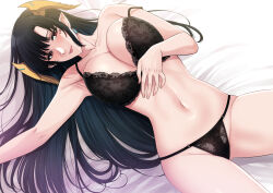  1girl armpits bare_arms bare_shoulders bed_sheet black_bra black_hair black_panties blush bra breasts collarbone commentary_request earrings highres horns indie_virtual_youtuber jewelry lace lace_bra lace_panties large_breasts light_smile lips long_hair looking_at_viewer lying navel on_back panties pixela_project pointy_ears red_eyes sidelocks single_earring solo stomach thai_commentary umino_ciala underwear virtual_youtuber xter  rating:Sensitive score:18 user:danbooru