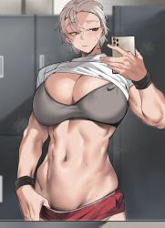  1girl abs breasts cellphone cleavage commentary_request grey_hair grey_sports_bra groin highres hip_bones holding holding_phone huge_breasts locker locker_room looking_at_phone mirror muscular muscular_female navel original phone pubic_stubble red_shorts reflection scar scar_on_face selfie shirt short_hair short_shorts shorts solo sports_bra steaming_body stomach sweat tomboy urec white_shirt wristband 