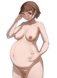  1girl big_belly blunt_bangs blush braid breasts brown_hair cleft_of_venus completely_nude crown_braid female_pubic_hair hand_in_own_hair hand_on_own_stomach kasseus_maximus linea_nigra medium_breasts navel niijima_makoto nipples nude persona persona_5 pregnant pubic_hair pussy red_eyes sagging_breasts short_hair solo standing thighs uncensored veins veiny_breasts white_background  rating:Explicit score:105 user:danbooru
