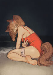  1girl angelina_(arknights) angelina_(summer_flower)_(arknights) animal_ears arknights ass back barefoot beach blush breasts brown_hair collar commentary_request feet fox_ears fox_girl fox_tail from_behind full_body hair_ornament hair_ribbon hairclip highres infection_monitor_(arknights) large_breasts legs looking_at_viewer looking_back medium_hair nail_polish naixorth night ocean official_alternate_costume one-piece_swimsuit outdoors red_eyes red_nails red_one-piece_swimsuit red_ribbon ribbon sitting soles solo swimsuit tail thigh_strap toes twintails v wariza 