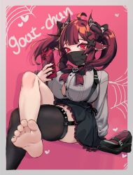  1girl absurdres ahoge animal_ears barefoot black_bow black_footwear black_horns black_nails black_skirt black_thighhighs border bow bowtie breasts bursting_breasts cellphone character_name eyelashes feet foot_out_of_frame frilled_skirt frills garter_straps goat-chan_(enarane) grey_border grey_shirt hair_bow hair_ornament highres holding horn_ornament horns huge_breasts k-rha&#039;s knee_up legs long_hair long_sleeves looking_at_viewer mask mouth_mask nail_polish original phone pink_background pleated_skirt red_bow red_bowtie red_eyes red_hair shirt shoes sidelocks single_bare_leg sitting skindentation skirt smartphone soles solo suspender_skirt suspenders symbol-shaped_pupils thighhighs thighs toenail_polish toenails toes twintails unworn_shoes x_hair_ornament  rating:Sensitive score:29 user:danbooru