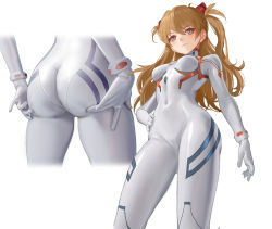 &gt;:) 1girl ass ass_focus ass_grab ass_support blue_eyes bodysuit breasts breasts_apart brown_hair cameltoe closed_mouth covered_navel cropped_legs d8800880 evangelion:_3.0+1.0_thrice_upon_a_time facing_viewer from_behind from_below gloves gluteal_fold grabbing_own_ass hairpods hand_on_own_hip hands_on_own_ass highres huge_ass interface_headset long_hair looking_at_viewer looking_down multiple_views neon_genesis_evangelion plugsuit rebuild_of_evangelion shiny_clothes simple_background skin_tight small_breasts smile souryuu_asuka_langley two_side_up v-shaped_eyebrows white_background white_bodysuit white_gloves wide_hips rating:Sensitive score:177 user:danbooru