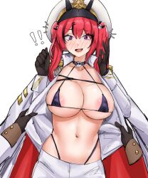  ! !! 1girl 1other :d areola_slip bikini bikini_under_clothes bird black_bikini black_gloves black_hair blush breasts cleavage coat collarbone fang gloves goddess_of_victory:_nikke hair_ornament hat large_breasts looking_at_viewer mast_(nikke) military_hat morgan_(nikke) multicolored_hair open_mouth opening_another&#039;s_clothes parrot peaked_cap purple_eyes red_coat red_hair short_twintails shorts simple_background skull_choker skull_collar skull_hair_ornament smile streaked_hair swimsuit twintails two-sided_coat two-sided_fabric uun_(uundayo) white_background white_coat white_shorts 
