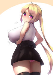  1girl ahoge black_bow black_thighhighs blonde_hair blush bow breasts from_behind from_below frown furrowed_brow gluteal_fold hands_on_own_hips highres huge_breasts long_hair looking_at_viewer looking_back looking_down miniskirt oppai_loli original panties pantyshot pink_eyes pink_panties pout shirt sidelocks simple_background skirt sleeveless sleeveless_shirt solo striped_clothes striped_panties thighhighs thighs twintails two-tone_background underwear upskirt very_long_hair watari1118 white_background white_shirt  rating:Questionable score:55 user:Parcheliam