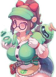  1girl ;p apron blunt_bangs blush bow breasts brown_eyes brown_hair commentary_request gloves hair_bow hat honeydew_mei ibukichi large_breasts mei_(overwatch) official_alternate_costume one_eye_closed overwatch overwatch_1 ponytail robot shorts snowball_(overwatch) solo thick_arms tongue tongue_out  rating:Sensitive score:27 user:danbooru
