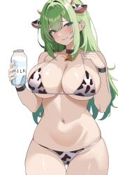  1girl alien_adviser animal_ears animal_print bare_arms bare_shoulders bell bikini black_choker blue_eyes bottle breasts choker cleavage clenched_teeth cow_ears cow_horns cow_print cowbell cowboy_shot fake_animal_ears fake_horns gluteal_fold green_hair halterneck hands_up highres holding horns large_breasts long_hair looking_at_viewer milk_bottle navel original print_bikini simple_background skindentation solo standing stomach string_bikini swimsuit teeth thigh_gap thighs white_background white_bikini wristband 