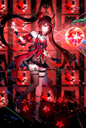  1girl absurdres artist_name black_footwear black_gloves black_hair breasts chest_tattoo chinese_commentary cleavage commentary_request detached_sleeves dress facial_mark gloves gun handgun heart heart_tattoo highres holding holding_gun holding_weapon honkai:_star_rail honkai_(series) honkai_impact_3rd long_hair mark_under_both_eyes mask mask_on_head official_alternate_costume parted_lips pink_eyes puffy_short_sleeves puffy_sleeves red_dress sheya shoes short_sleeves signature single_glove single_thighhigh solo sparkle_(honkai:_star_rail) standing tattoo thigh_strap thighhighs thighs twintails very_long_hair weapon  rating:Sensitive score:9 user:danbooru