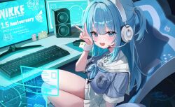  1girl :d animal_ear_headphones blue_eyes blue_hair blue_neckerchief blush breasts chair collared_dress computer crop_top desk dress fake_animal_ears gaming_chair goddess_of_victory:_nikke hair_between_eyes hair_intakes headphones headset keyboard_(computer) large_breasts light_blue_hair long_hair looking_at_viewer monitor mouse_(computer) multiple_monitors neckerchief open_mouth screen_light shifty_(nikke) short_sleeves side_ponytail sitting smile solo swivel_chair thighs v white_dress whitebc wrist_cuffs 